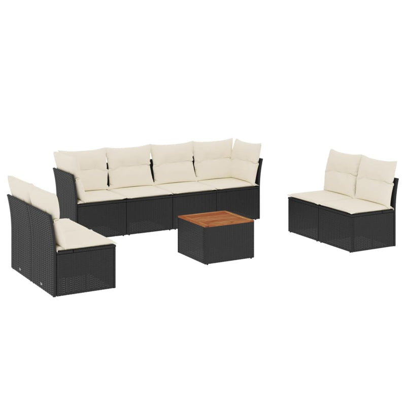 9-delige Loungeset met kussens poly rattan zwart