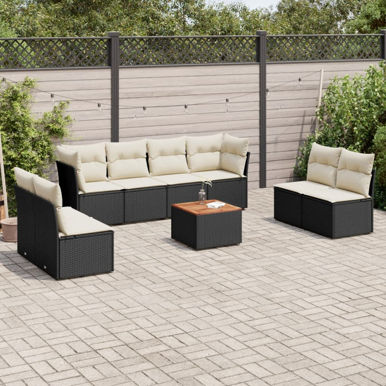 9-delige Loungeset met kussens poly rattan zwart