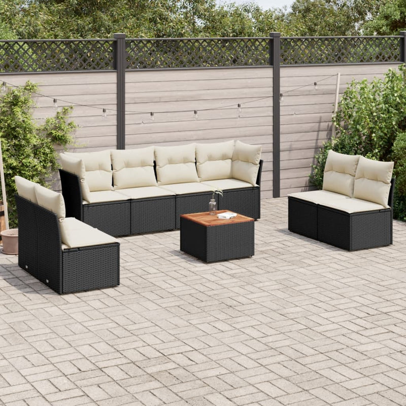 9-delige Loungeset met kussens poly rattan zwart