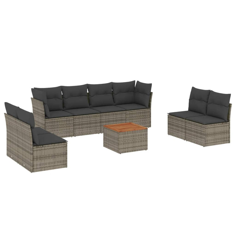 9-delige Loungeset met kussens poly rattan grijs