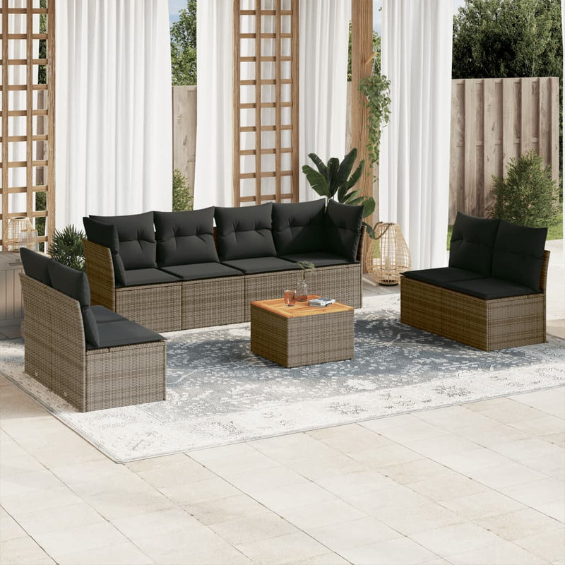 9-delige Loungeset met kussens poly rattan grijs