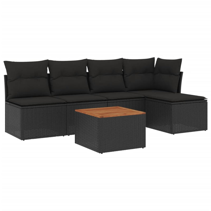 6-delige Loungeset met kussens poly rattan zwart