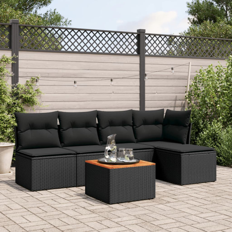 6-delige Loungeset met kussens poly rattan zwart