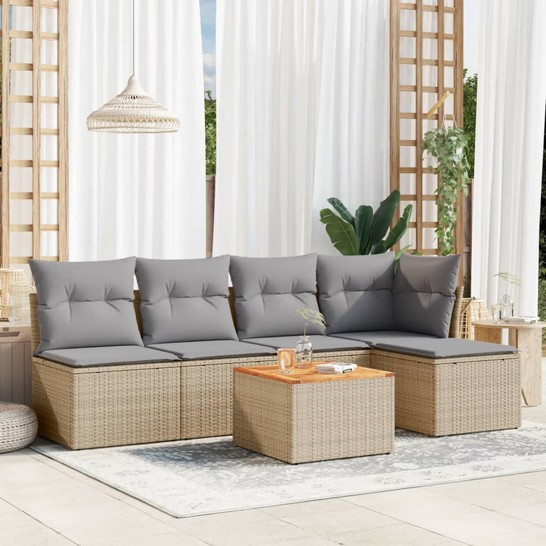 6-delige Loungeset met kussens poly rattan beige