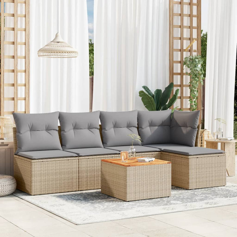 6-delige Loungeset met kussens poly rattan beige