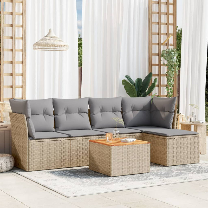 6-delige Loungeset met kussens poly rattan beige