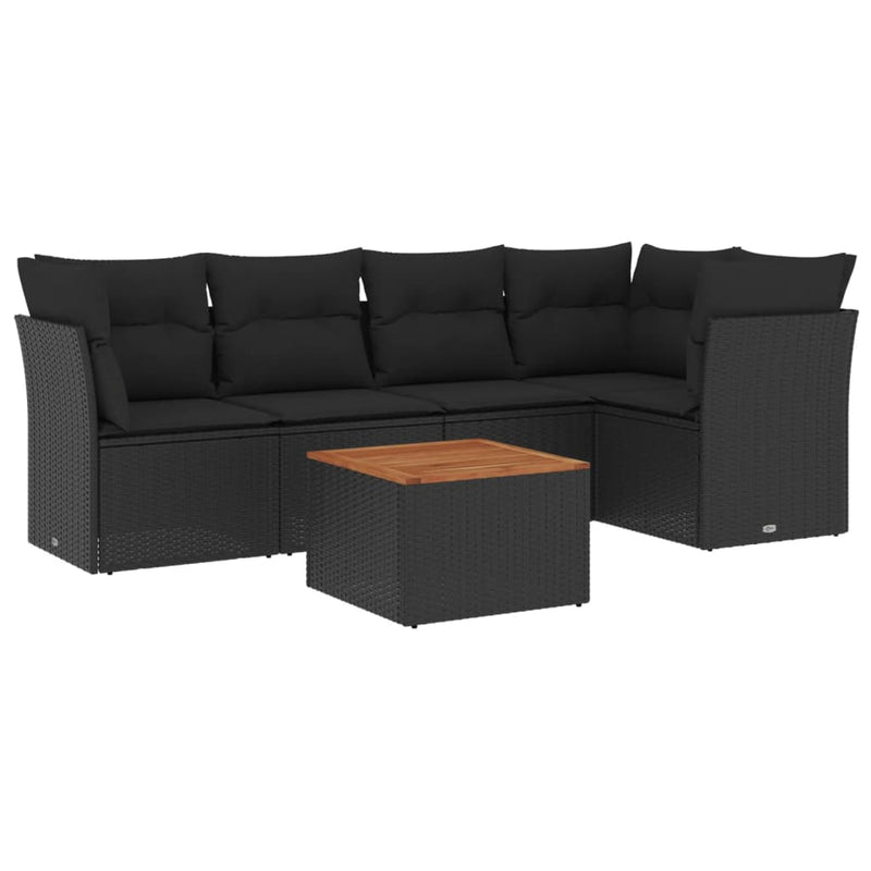 6-delige Loungeset met kussens poly rattan zwart