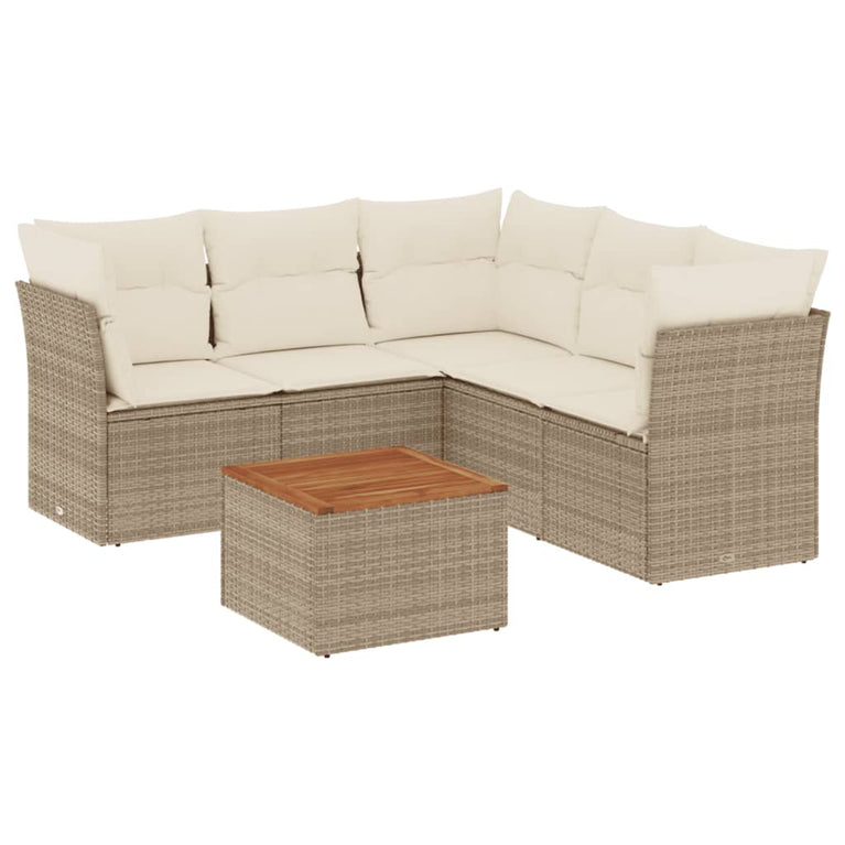 6-delige Loungeset met kussens poly rattan beige