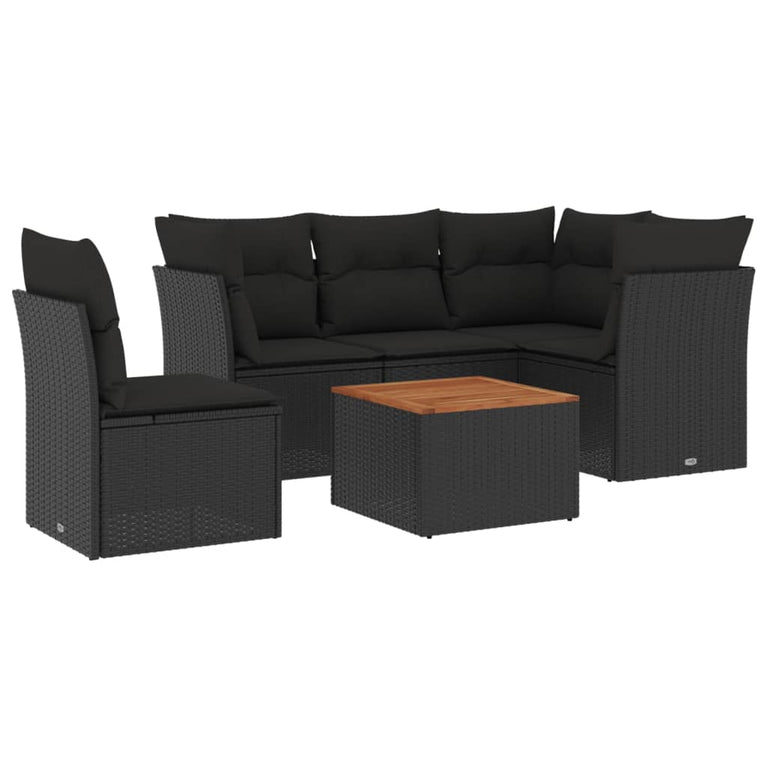 6-delige Loungeset met kussens poly rattan zwart