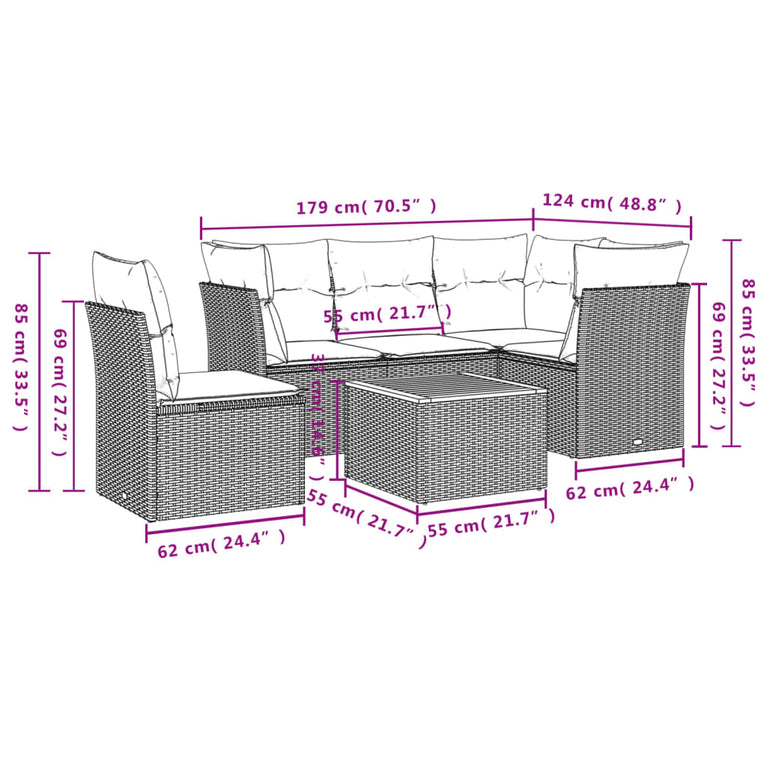 6-delige Loungeset met kussens poly rattan zwart