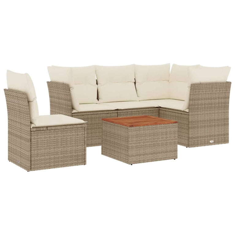 6-delige Loungeset met kussens poly rattan beige