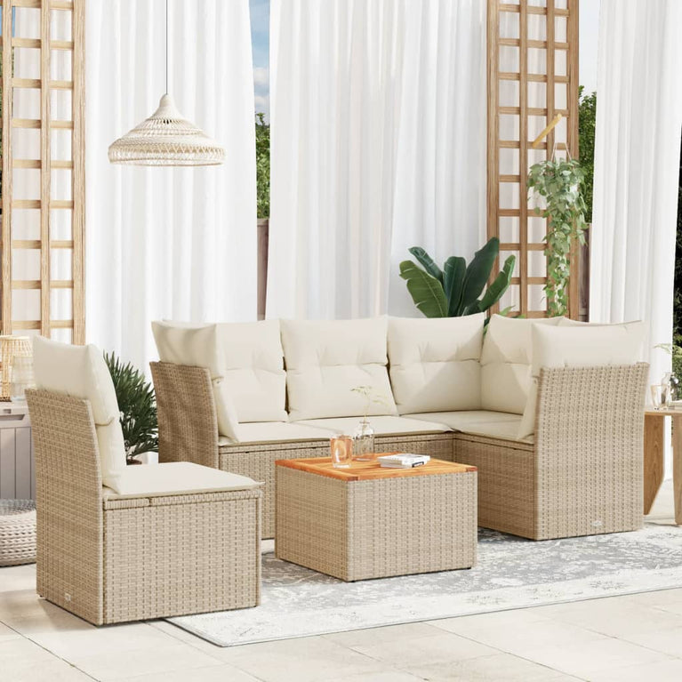6-delige Loungeset met kussens poly rattan beige