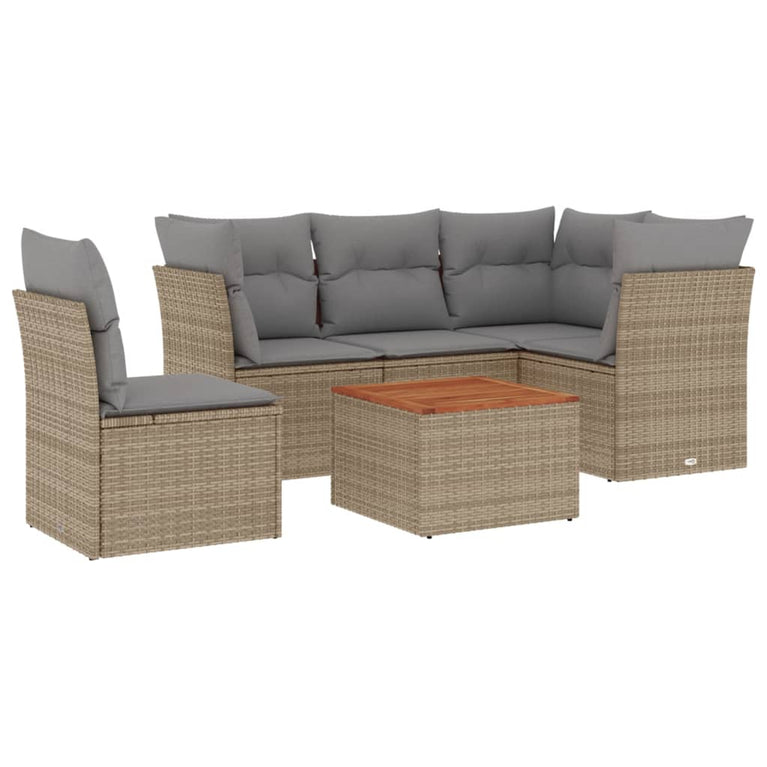 6-delige Loungeset met kussens poly rattan beige