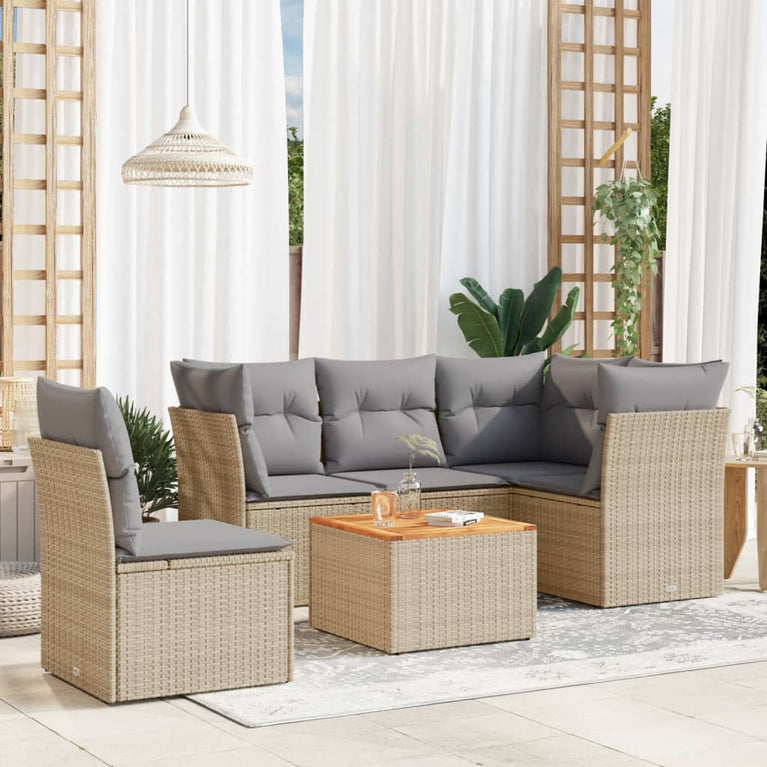 6-delige Loungeset met kussens poly rattan beige