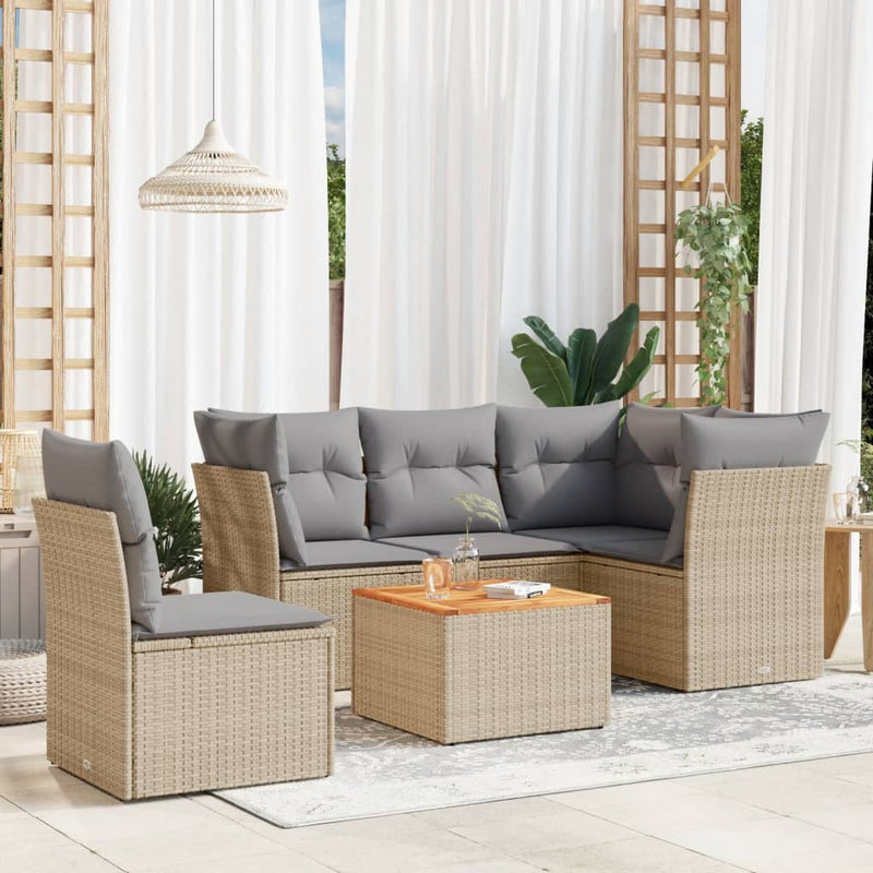 6-delige Loungeset met kussens poly rattan beige