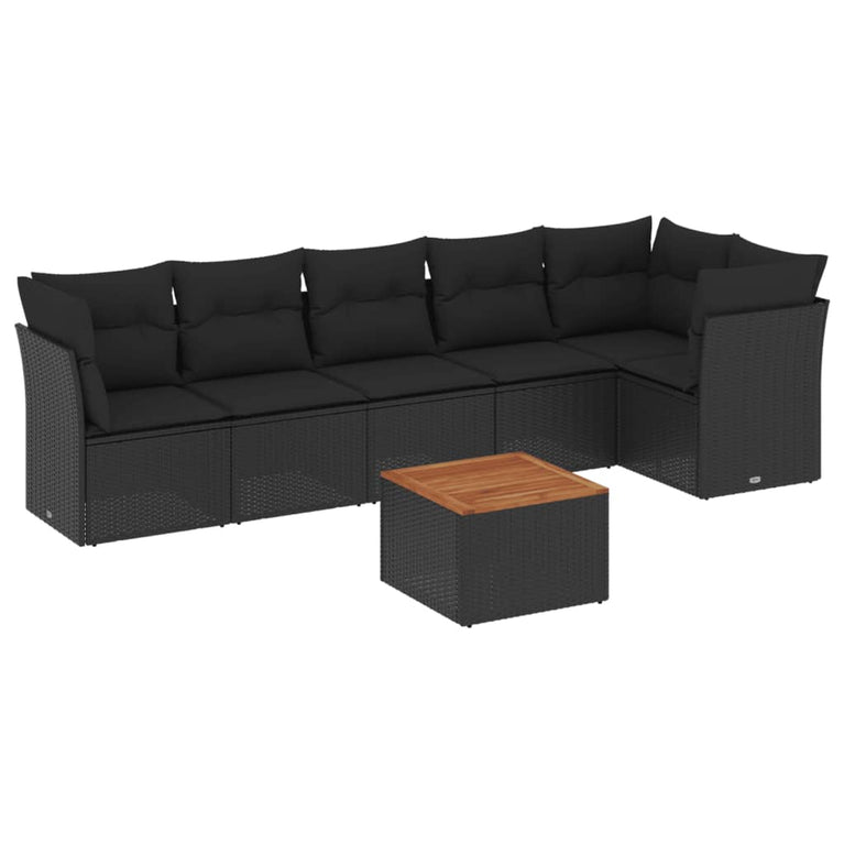 7-delige Loungeset met kussens poly rattan zwart