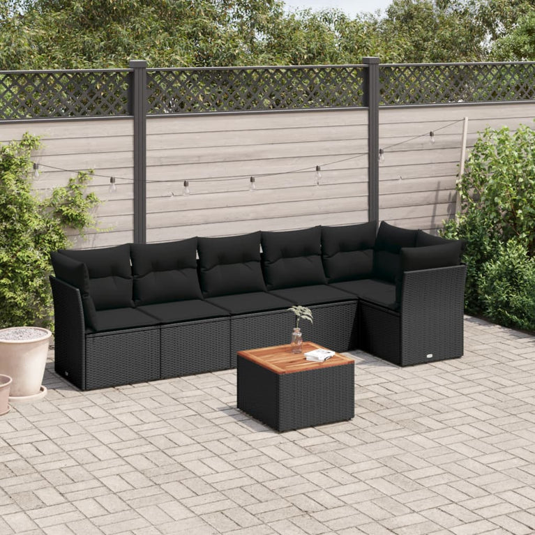 7-delige Loungeset met kussens poly rattan zwart