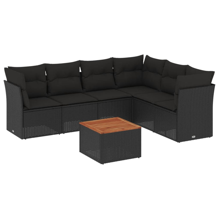 7-delige Loungeset met kussens poly rattan zwart