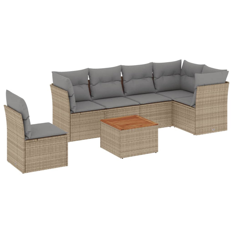 7-delige Loungeset met kussens poly rattan beige