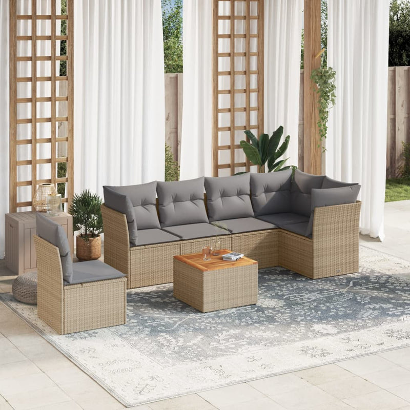 7-delige Loungeset met kussens poly rattan beige