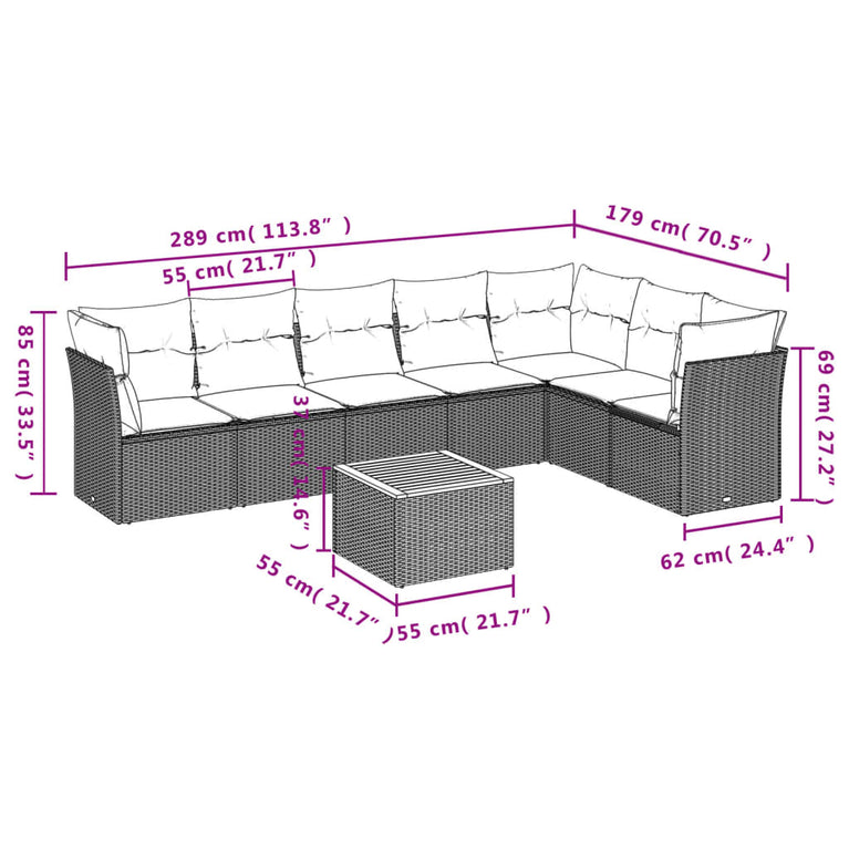 8-delige Loungeset met kussens poly rattan beige