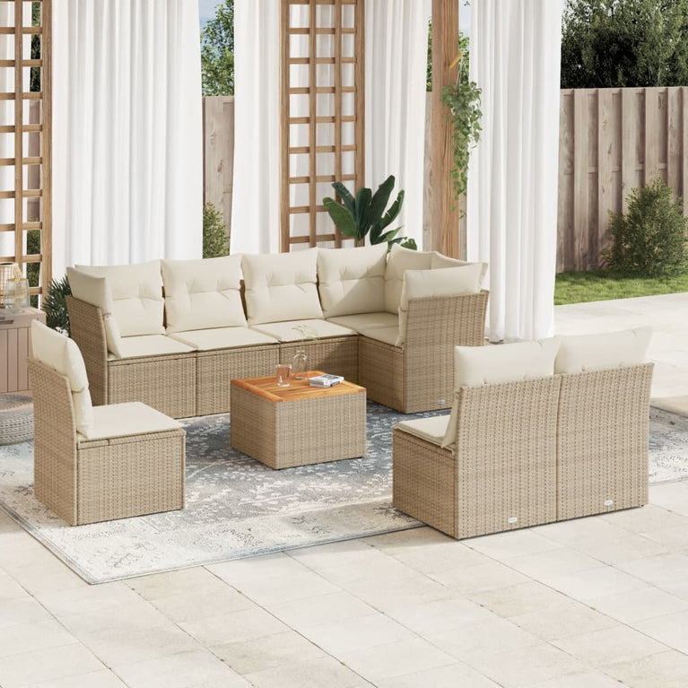 9-delige Loungeset met kussens poly rattan beige