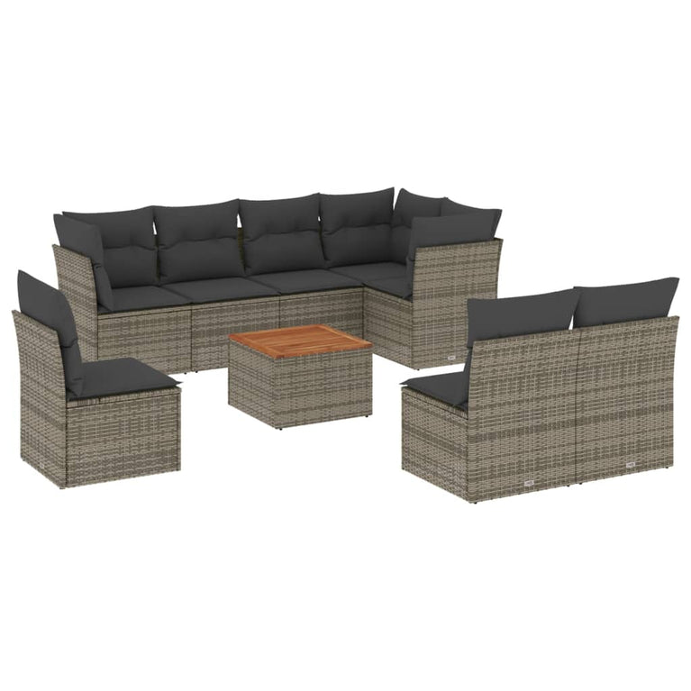 9-delige Loungeset met kussens poly rattan grijs