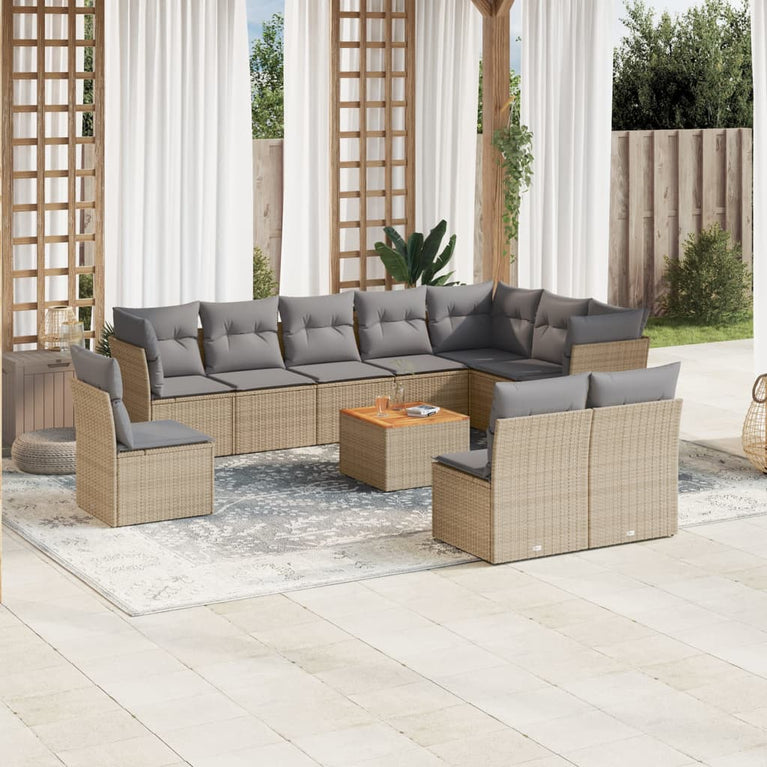 11-delige Tuinset met kussens poly rattan beige
