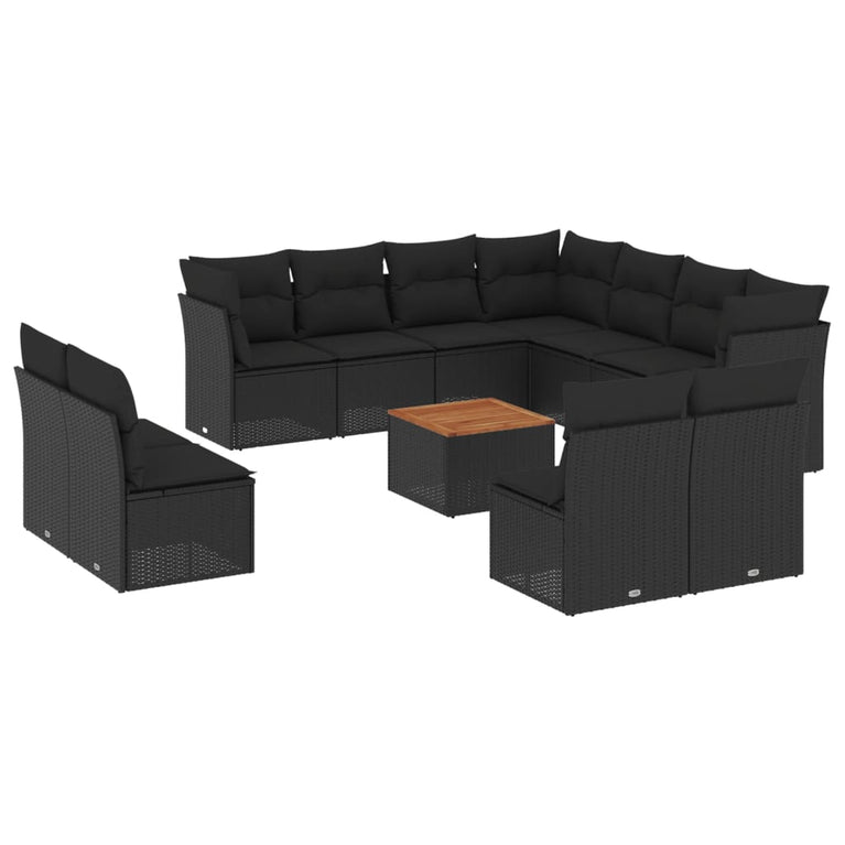12-delige Loungeset met kussens poly rattan zwart