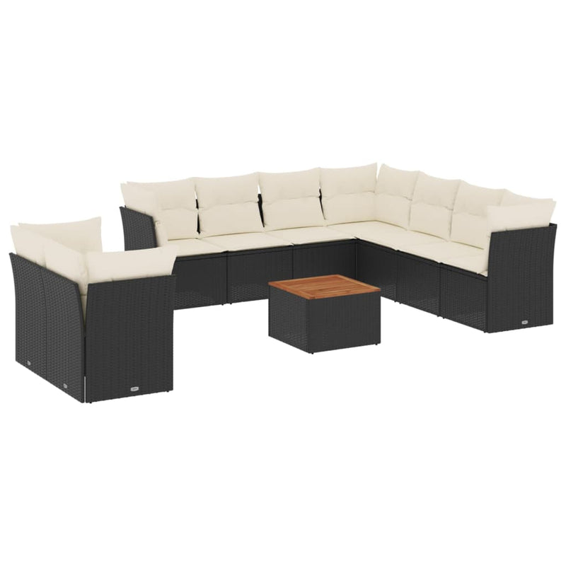 10-delige Loungeset met kussens poly rattan zwart