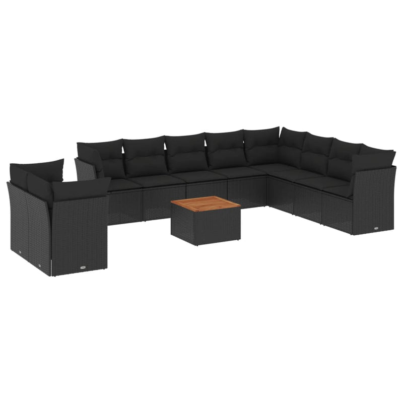 11-delige Loungeset met kussens poly rattan zwart