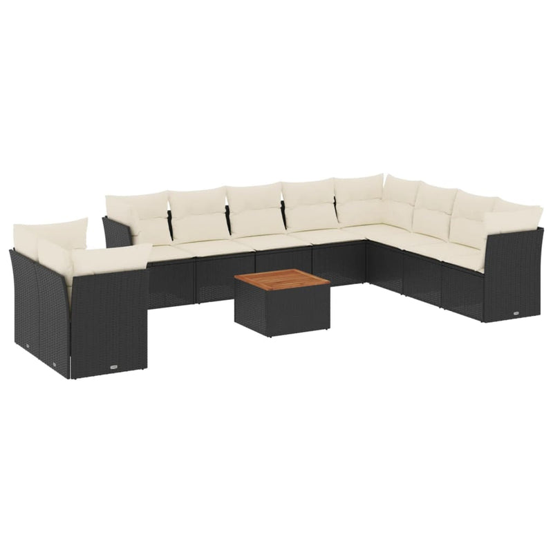 11-delige Loungeset met kussens poly rattan zwart