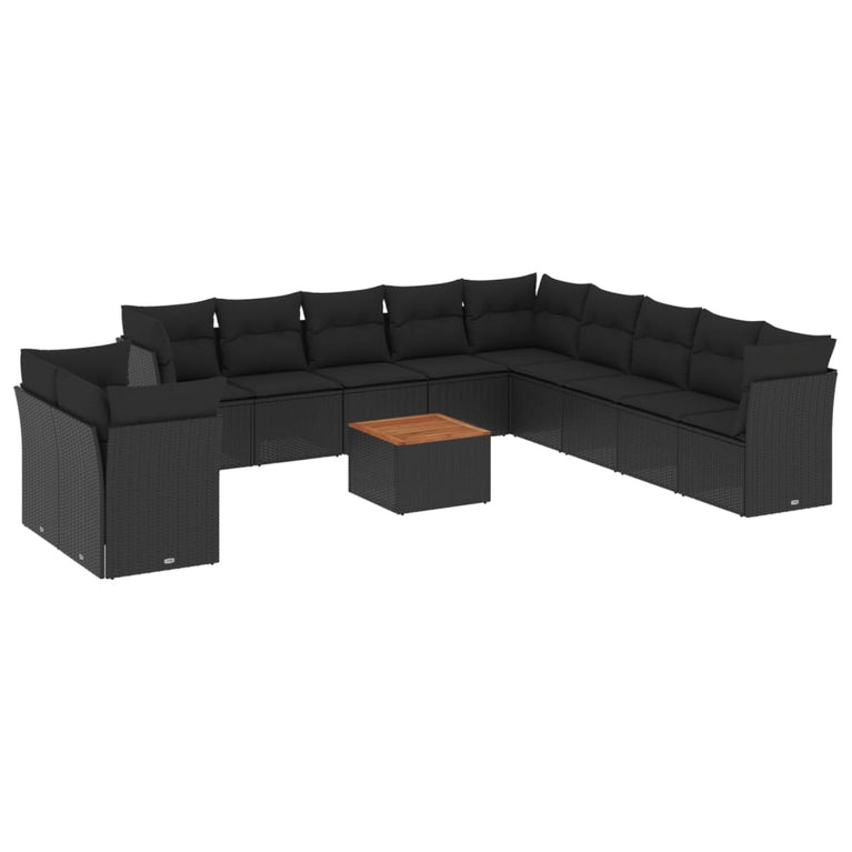 12-delige Loungeset met kussens poly rattan zwart
