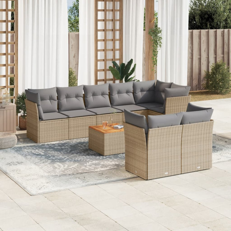 9-delige Loungeset met kussens poly rattan beige
