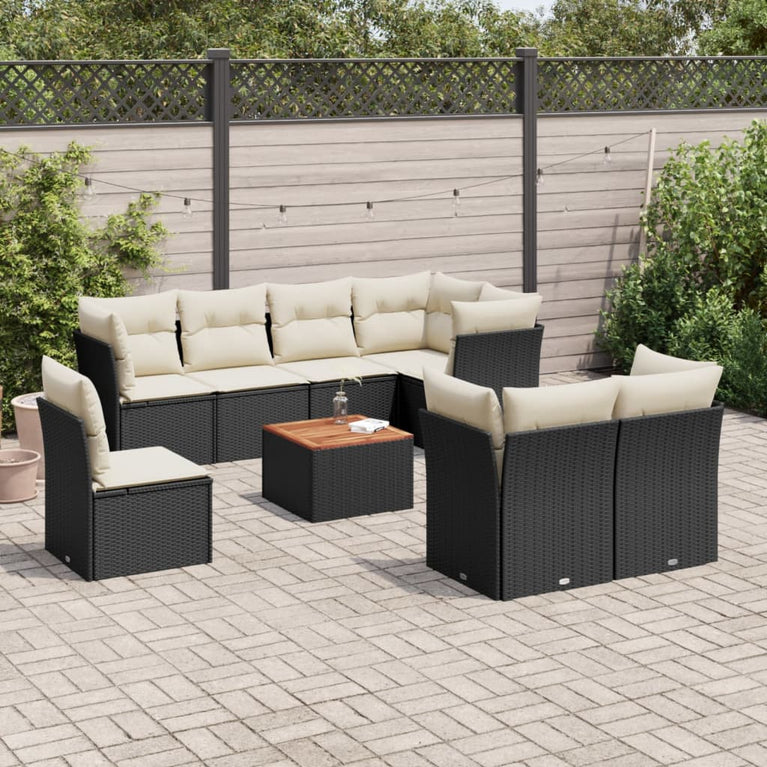 9-delige Loungeset met kussens poly rattan zwart