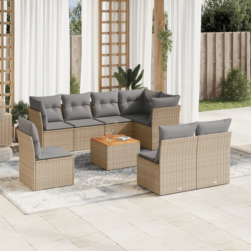 9-delige Loungeset met kussens poly rattan beige