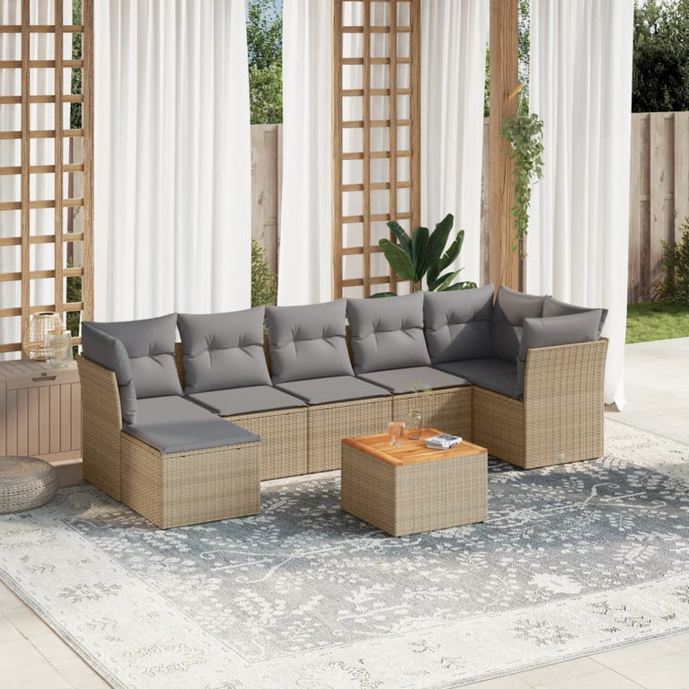 8-delige Loungeset met kussens poly rattan beige