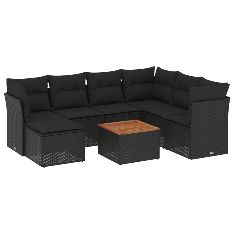 8-delige Loungeset met kussens poly rattan zwart