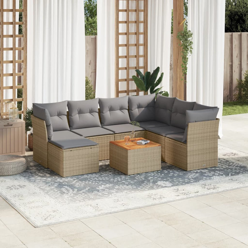 8-delige Loungeset met kussens poly rattan beige