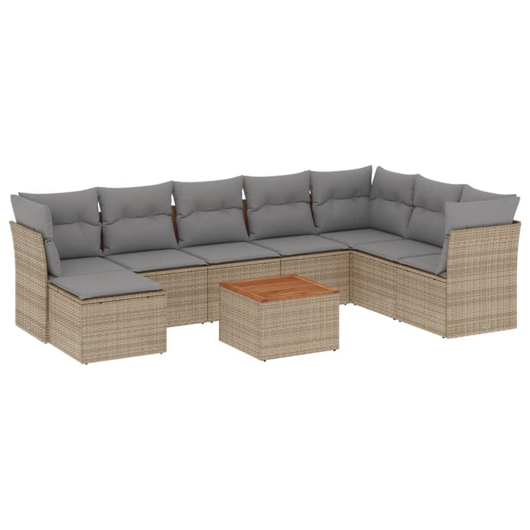 9-delige Loungeset met kussens poly rattan beige