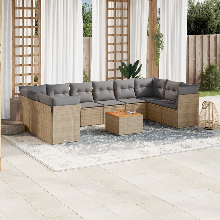 11-delige Tuinset met kussens poly rattan beige