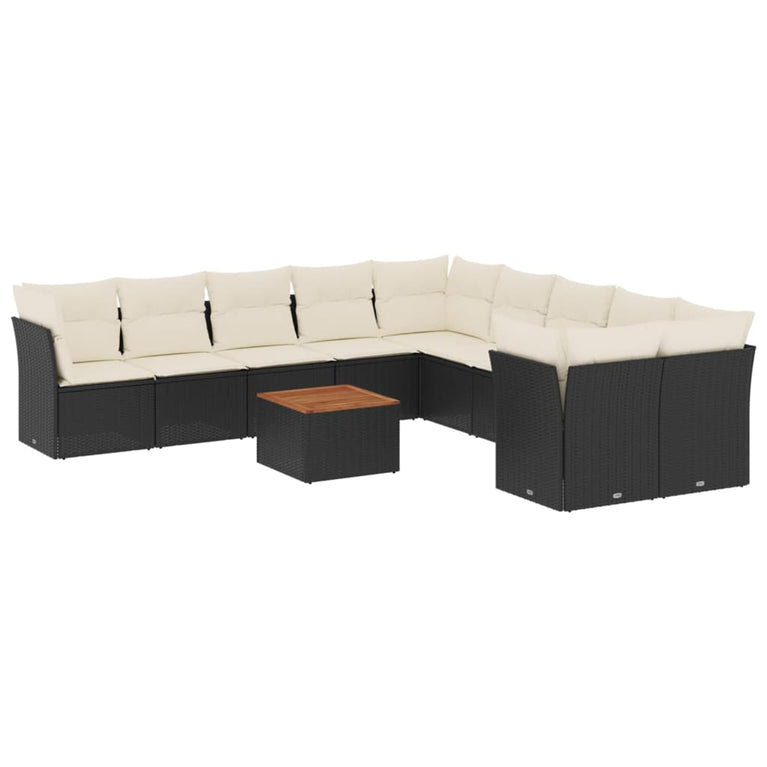 11-delige Loungeset met kussens poly rattan zwart