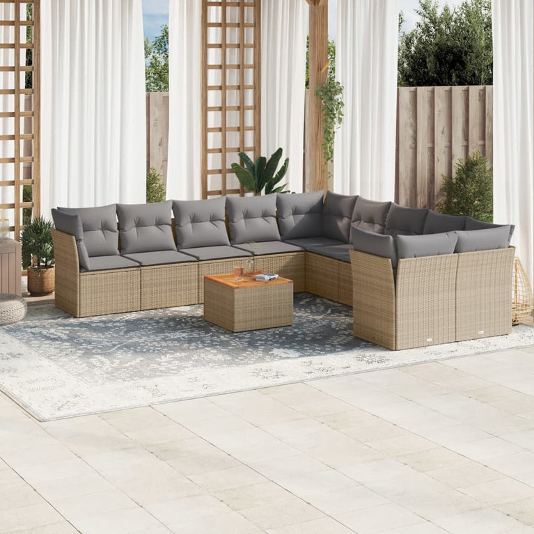 11-delige Tuinset met kussens poly rattan beige