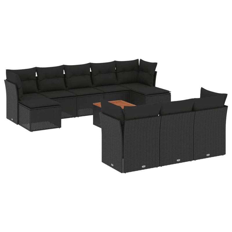 11-delige Loungeset met kussens poly rattan zwart