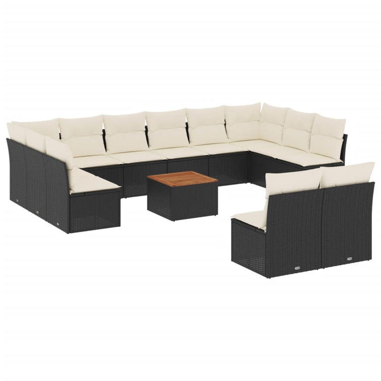13-delige Loungeset met kussens poly rattan zwart