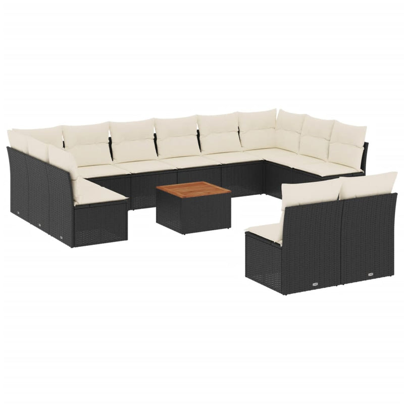 13-delige Loungeset met kussens poly rattan zwart