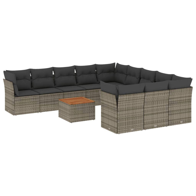 12-delige Loungeset met kussens poly rattan grijs