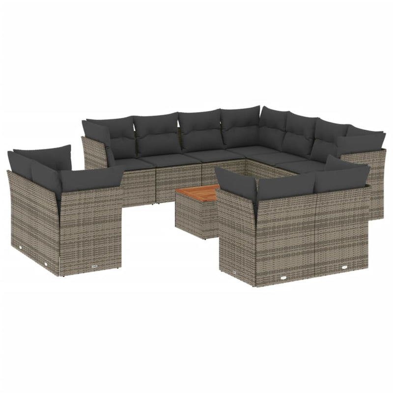 12-delige Loungeset met kussens poly rattan grijs