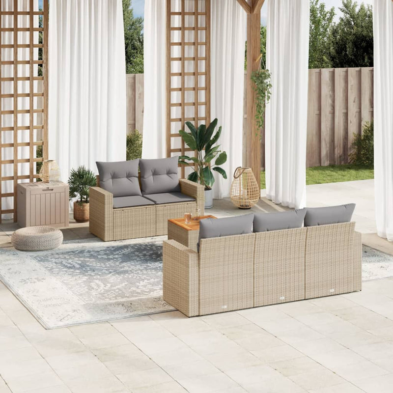 6-delige Loungeset met kussens poly rattan beige