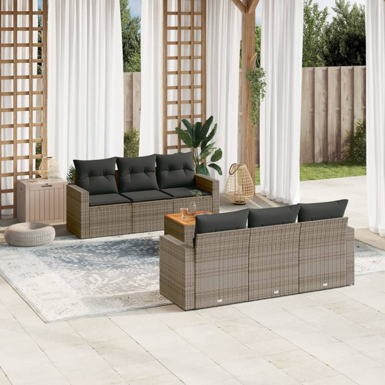 7-delige Loungeset met kussens poly rattan grijs